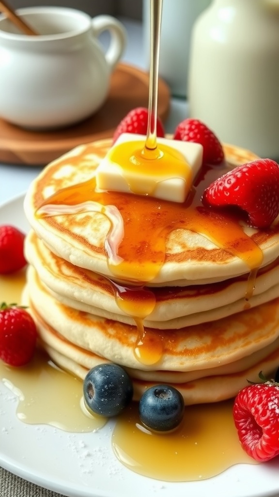 Fluffy vanilla cinnamon buttermilk pancakes with butter and syrup, garnished with berries.